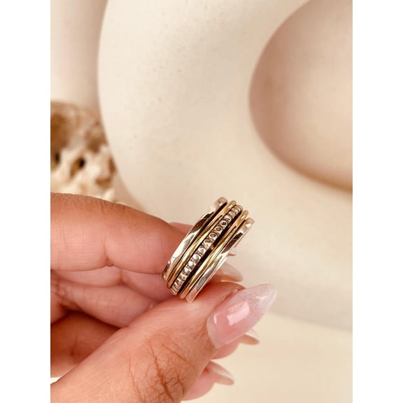 Fidget Spinner Ring Two-Tone 925 Sterling Silver Gold Plated Handmade Boho Thumb Statement Jewelry Gift for Her