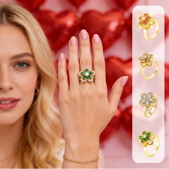 Fidget Spinner Ring for Women,Rotatable Sunflower Crystal Cubic Zirconia Ring,Adjustable Jewelry For Valentines Day Ideal Jewelry Gifts For Women