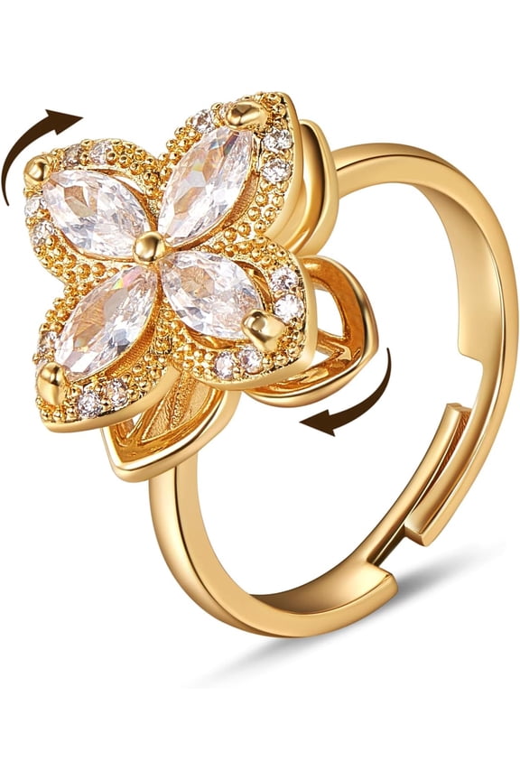 Fidget Spinner Rings Adjustable Open Four Leaf Clover Ring Gold Cubic Zirconia Ring, Rotatable Cuff Pinwheel Ring for Women, 17.3mm