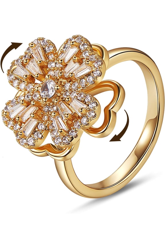 Fidget Spinner Rings Adjustable Open Four Leaf Clover Ring Gold Cubic Zirconia Ring, Rotatable Cuff Pinwheel Ring for Women, 17.3mm