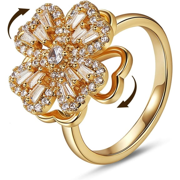 Fidget Spinner Rings Adjustable Open Four Leaf Clover Ring Gold Cubic Zirconia Ring, Rotatable Cuff Pinwheel Ring for Women, 17.3mm