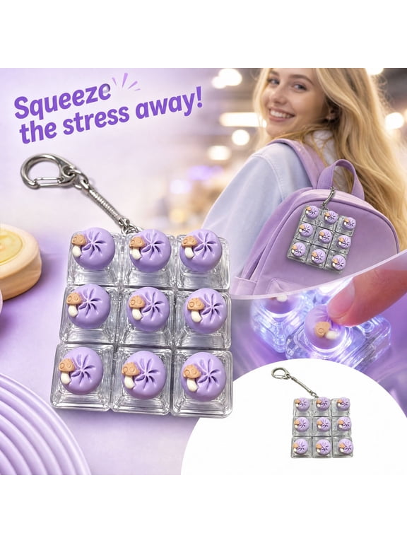 Fidget Toy Keychain,Dumpling Squeeze Keychain with Light Up Push Button, 9-Button Grid, Purple, for Backpack Accessories, Relaxation Toy