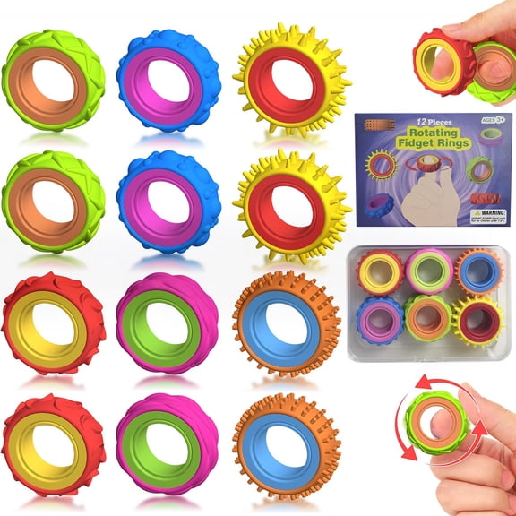 Fidget Toys Sensory Rings for Kids: 12 Pack Finger Spinner Rings - Texture Stress Toys for Kids Autism Calming - Fun Fidgets for Student Classroom Prize Stocking Stuffers