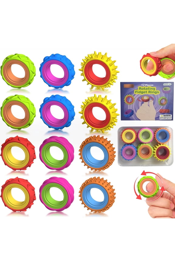 Fidget Toys Sensory Rings for Kids: 12 Pack Finger Spinner Rings - Texture Stress Toys for Kids Autism Calming - Fun Fidgets for Student Classroom Prize Stocking Stuffers