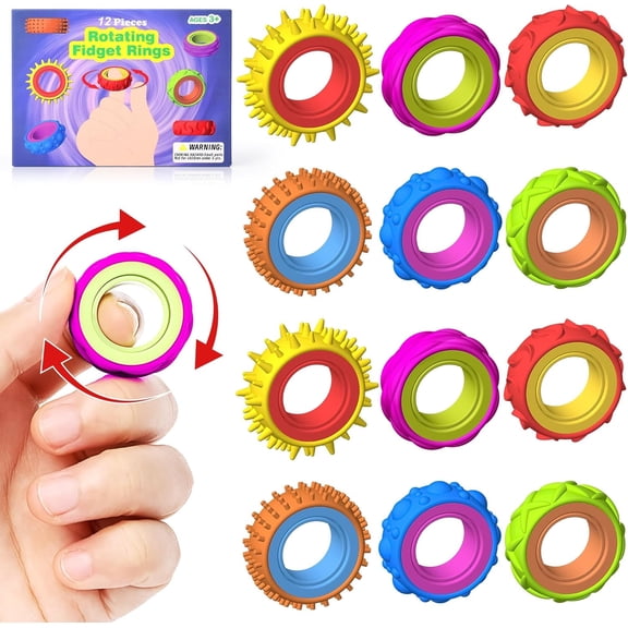 Fidget Toys Sensory Rings for Kids: 12 Pack Texture Finger Spinner Rings -Stress Relief Sensory Toys for Kids ADHD - Quiet Desk Fidgets for Classroom Anxiety Office for Teens