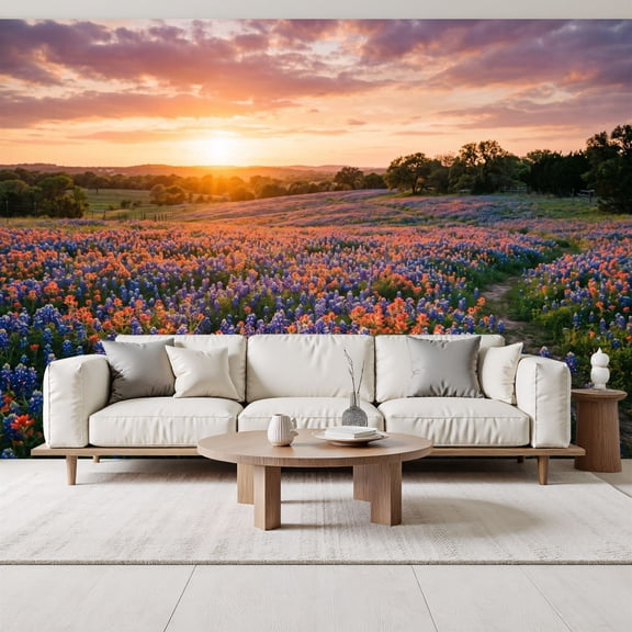 Field Bluebonnets natural Flowers Sunset Vibrant landscape meadow Peel and Stick Wall Murals 69"H x 96"W Removable PVC Wallpaper Self-Adhesive Wall Paintings for Bedroom Living Room