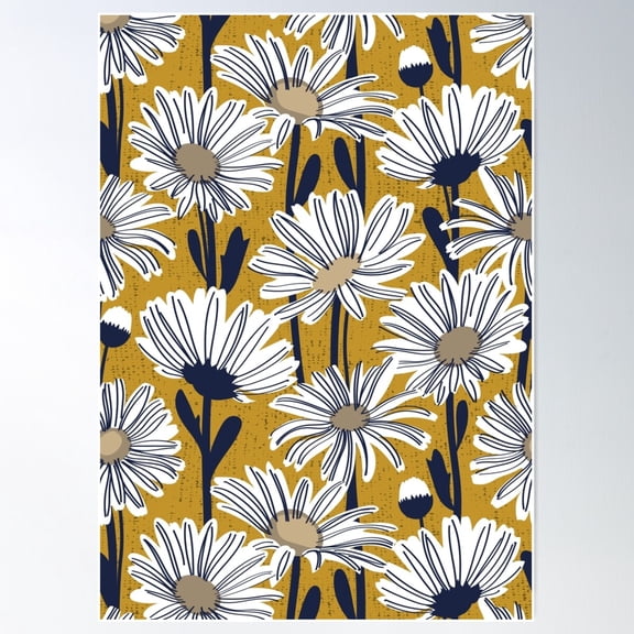 Field Of Daisies // Mustard Yellow Background White And Mushroom Brown Daisy Flowers Oxford Navy Blue Line Contour Poster Wall Art, Modern Wall Decor For Living Room Bedroom, 8x12 UNFRAMED
