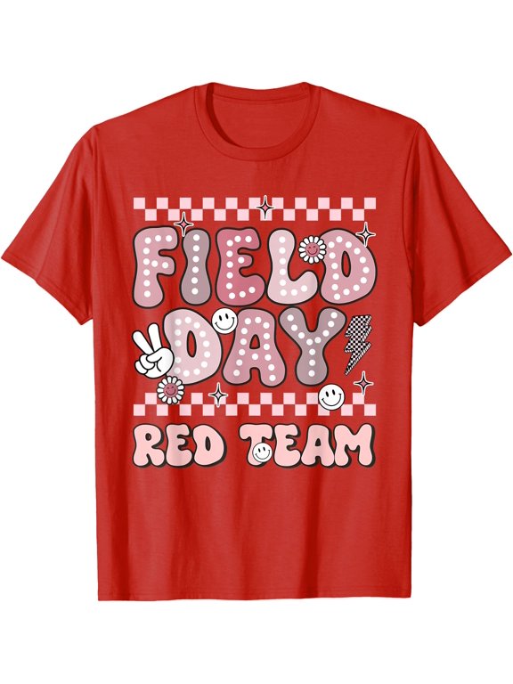 Field Day Red Team Groovy Smile Face Checkered Students T-Shirt RED Unisex S-5XL Hot Trending Shirt, Vintage Birthday Gift