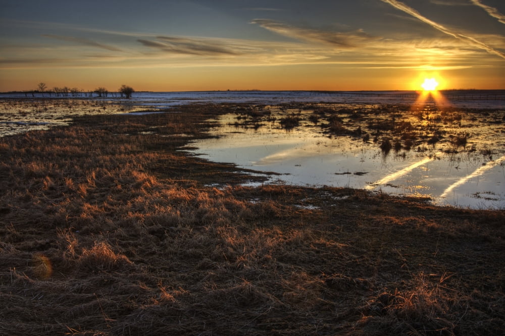 Field Flooded From Thawing Snow At Sunset Namao Alberta Canvas Art - Dan Jurak Design Pics (17 x 11)