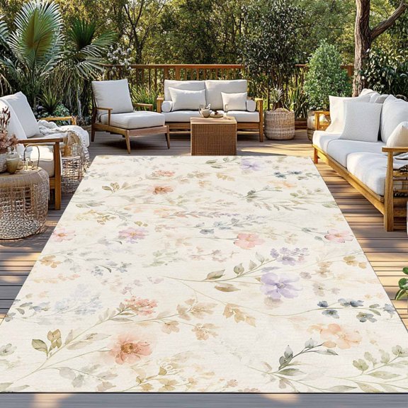 Field Floral Indoor Outdoor Rugs 3x5 Ft, Spring Delicate Wildflower Daisy Tiny Buds French Country Outdoor Patio Rugs Mat Washable Outside Area Rugs Carpet for Porch Deck RV Camping Pool Balcony