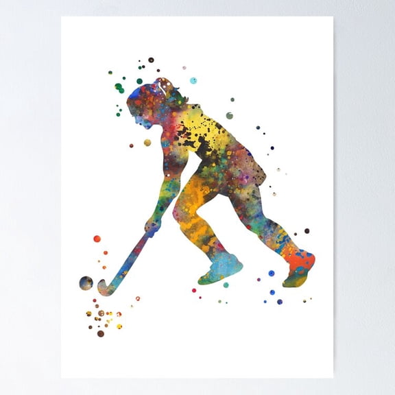 Field Hockey Girl Player Dynamic Splatter Action Move Silhouette Wall Decor, Unframed Poster