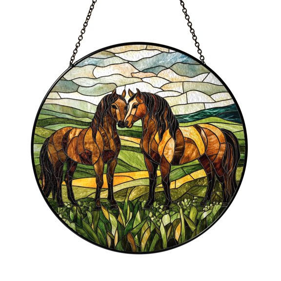 Field Horses Duo Round Suncatcher Window Hanging, Vibrant Stained Glass Style Animal Decor, Gift Idea
