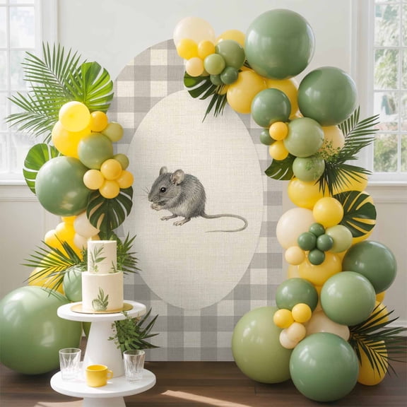 Field Mouse Arch Backdrop Cover, 4FT, Gray Plaid Modern Funny Animal Rustic Spandex Arch Covers Double-Sided Backdrop for Wedding Birthday Party Photo Background Decoration