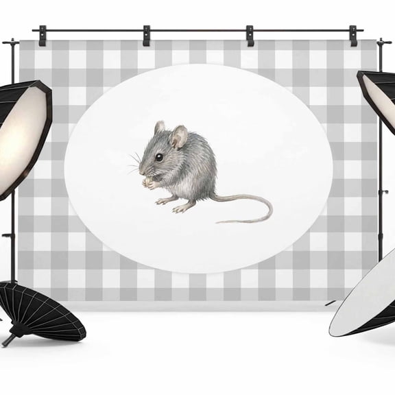 Field Mouse Backdrops for Photography, Gray Plaid Modern Funny Animal Pattern Fabric Photo Background Sturdy Studio Props for Photo Studio, Video Recording, Booth & Photoshoot 7x5ft