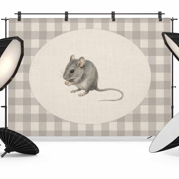 Field Mouse Backdrops for Photography, Gray Plaid Modern Funny Animal Pattern Rustic Fabric Photo Background Sturdy Studio Props for Photo Studio, Video Recording, Booth & Photoshoot 7x5ft