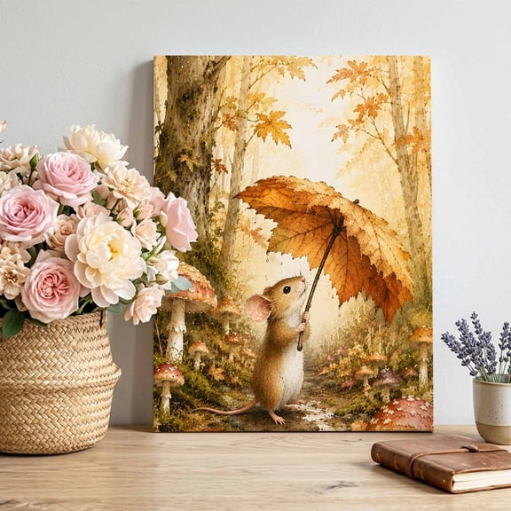 Field Mouse Canvas Wall Art, Fall Fairy Tale Forest Maple Leaf Fan Red Mushroom Framed Canvas Wall Decor Picture Print Artwork Decorations for Living Room Office Ready to Hang 16" x 12"