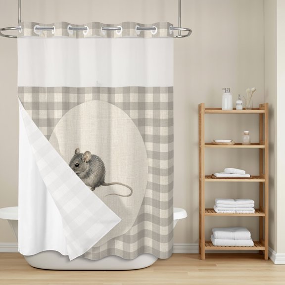 Field Mouse No Hook Shower Curtain with Snap in Liner, Gray Plaid Modern Funny Animal Pattern Rustic Waterproof Shower Curtains with See Through Top Window Liner for Bathroom, 72x84 Inches
