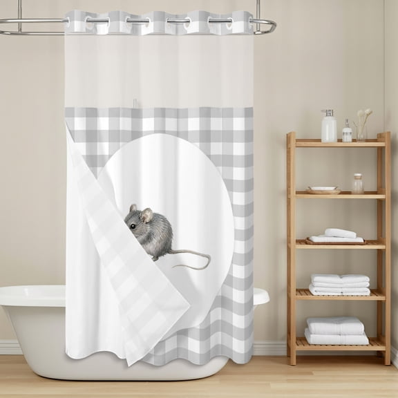 Field Mouse No Hook Shower Curtain with Snap in Liner, Gray Plaid Modern Funny Animal Pattern Waterproof Shower Curtains with See Through Top Window Liner for Bathroom, 36x78 Inches