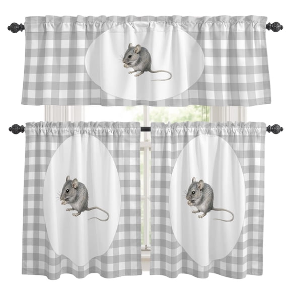 Field Mouse Kitchen Curtains Valances 3 Piece Set, Gray Plaid Modern Funny Animal Rod Pocket Tier Curtain and Valance Drapes for Small Window 24 Inch Length for Bedroom Cafe