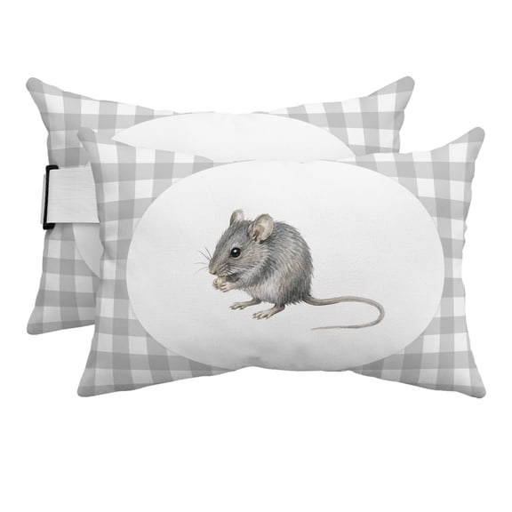 Field Mouse Outdoor Pillows for Chaise Lounge Chair Beach Headrest Pillow Set of 2 Waterproof Lumbar Pillows with Insert&Adjustable Strap Modern Grey Plaid Farmhouse Animals Pool Pillow 12"x20"
