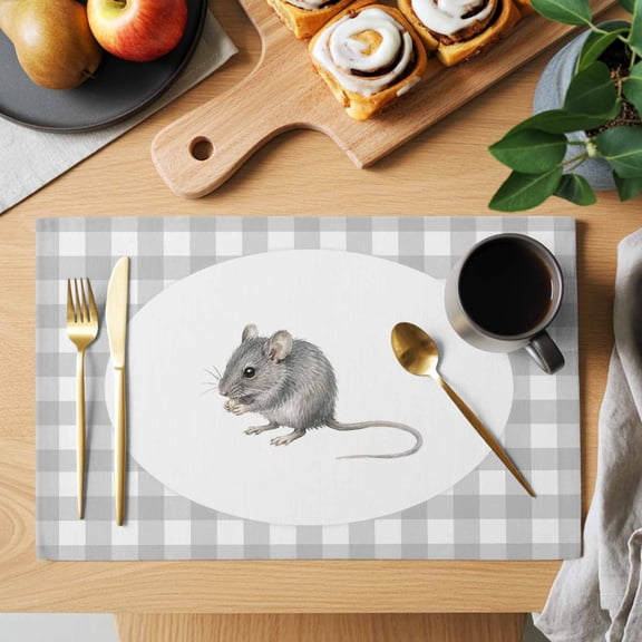 Field Mouse Placemats Set of 1, Gray Plaid Modern Funny Animal Non-Slip Place Mats Washable Table Mats for Kitchen Dining Table Decorations Indoor/Outdoor