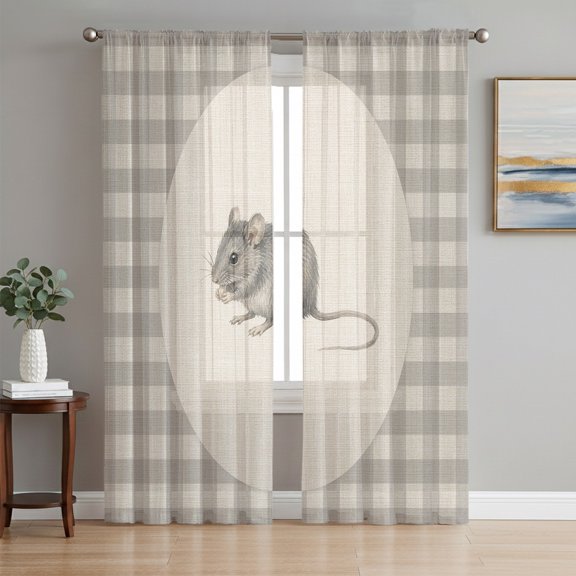 Field Mouse Sheer Curtains for Living Room Bedroom, Gray Plaid Modern Funny Animal Rustic Light Filtering Sheer Curtain Rod Pocket Voile Window Treaments Drapes, 52 x 108 Inches