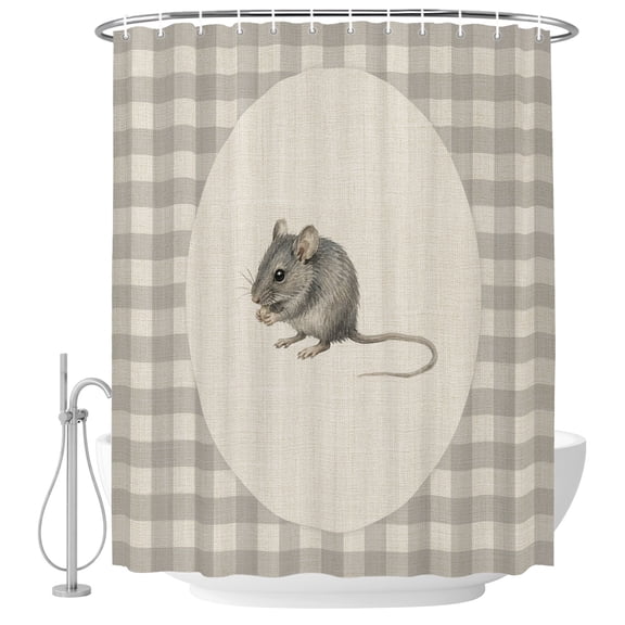 Field Mouse Shower Curtain for Bathroom, Gray Plaid Modern Funny Animal Rustic Waterproof Cloth Fabric Bathroom Accessories Set with 12 Rust Proof Plastic Hooks, 72"x96"