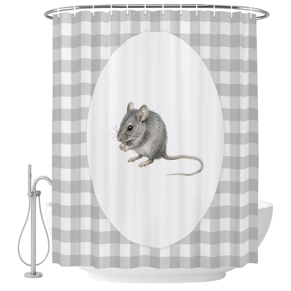 Field Mouse Shower Curtain for Bathroom, Gray Plaid Modern Funny Animal Waterproof Cloth Fabric Bathroom Accessories Set with 12 Rust Proof Plastic Hooks, 72"x84"