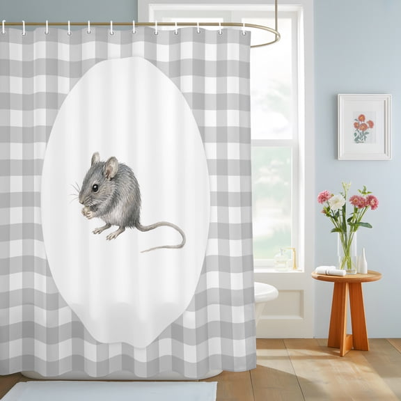 Field Mouse Shower Curtain, Gray Plaid Modern Funny Animal Waterproof Washable Shower Curtain for Bathroom Bathtub Partition Bath Decoration Set with Hooks 36x72in
