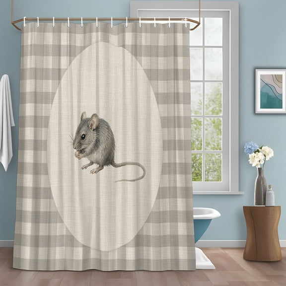 Field Mouse Shower Curtain Set with Hooks, Gray Plaid Modern Funny Animal Rustic Water Repellent Sturdy Shower Curtains for Bathroom Decoration, Machine Washable 36x72 Inch