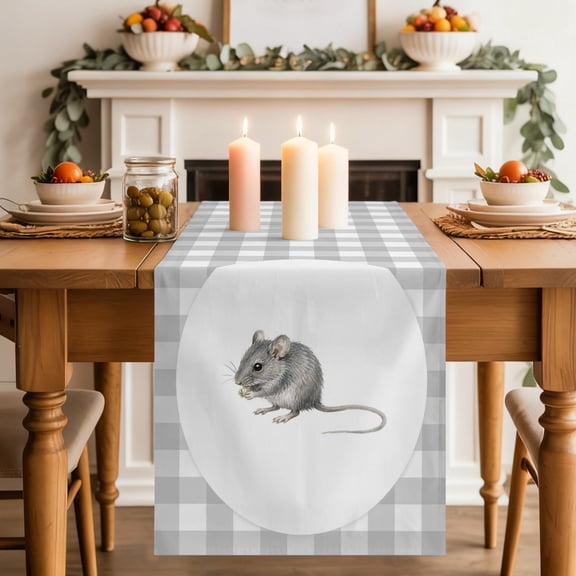 Field Mouse Table Runner 13x60 Inch Gray Plaid Modern Funny Animal Cotton Linen Dining Table Runner Ideal for Dresser Kitchen Coffee Tables - Machine Washable