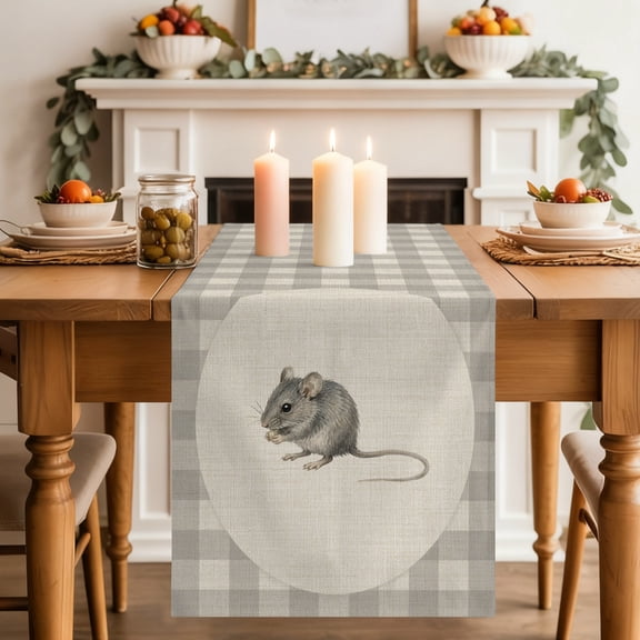 Field Mouse Table Runner 13x60 Inch Gray Plaid Modern Funny Animal Rustic Cotton Linen Dining Table Runner Ideal for Dresser Kitchen Coffee Tables - Machine Washable