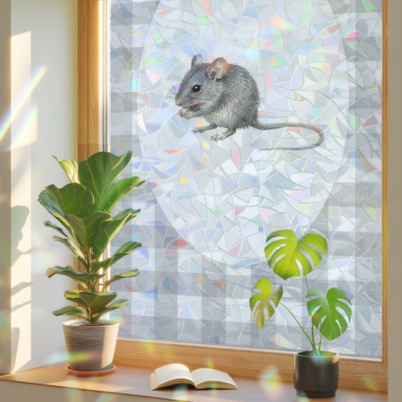 Field Mouse Window Privacy Film, Gray Plaid Modern Funny Animal Stained Glass Rainbow Film Decorative Window Clings, Static Cling Sun Blocking Stickers 23.6" x 59"