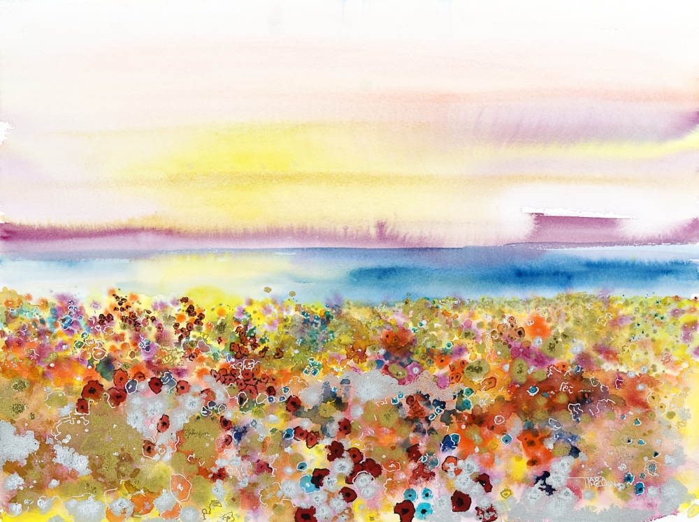 Field Of Joy Abstract Landscape Of Bejeweled Field Of Flowers (Watercolor Painting) Canvas Art - Tara Thelen Design Pics (32 x 24)