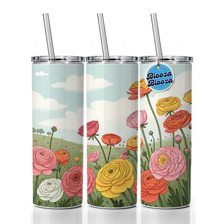 Field Of Ranunculus Flowers 20oz Insulated Water Bottle Skinny Tumbler Includes Straw