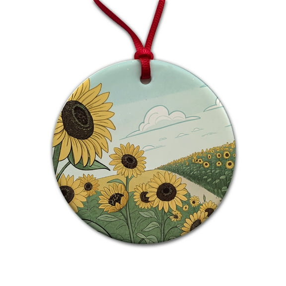Field Of Sunflowers Flowers Christmas Tree Holiday Round Ceramic Ornament