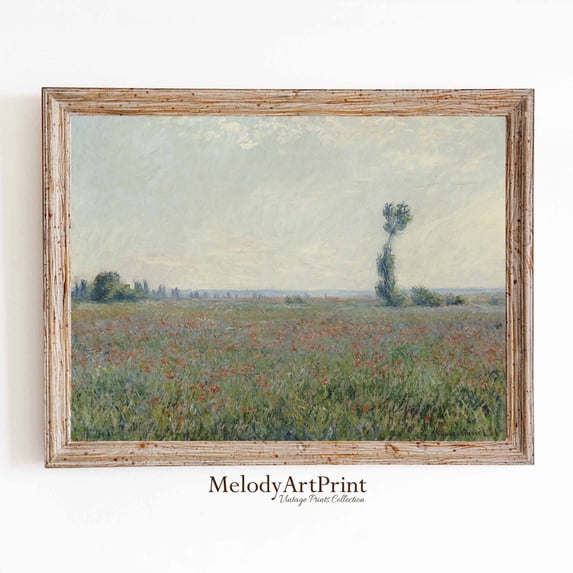 Field Poppies Wall Art Print, Muted Vintage Landscape, Rustic Country ...