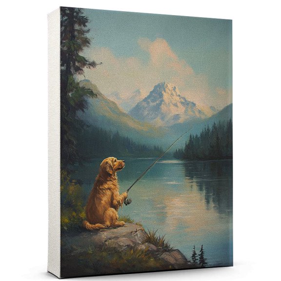 Field Spaniel Cute Dog Fishing Canvas Canvas Retro Field Spaniel Dog Batter in Action With Fishing for Themed Living Room, Pet Shop Decor