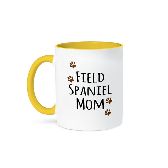 3dRose, Field Spaniel Dog Mom - Doggie by breed - brown muddy paw prints - doggy lover - pet owner mama love, 15oz Two-Tone Yellow Mug