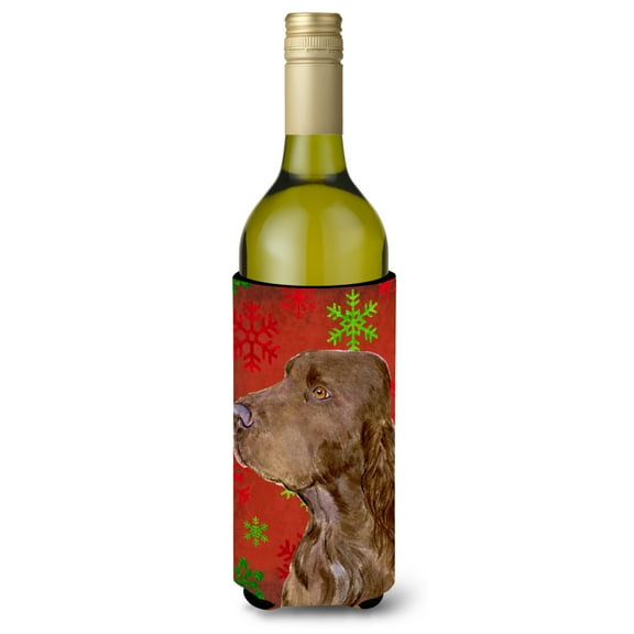 Field Spaniel Red and Green Snowflakes Holiday Christmas Wine Bottle Hugger
