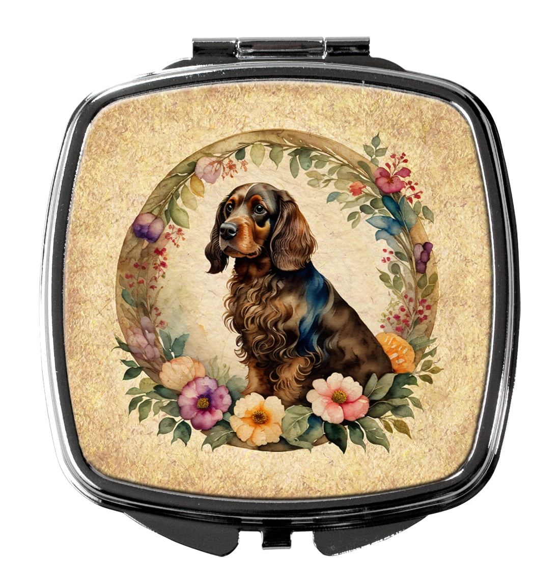 Field Spaniel and Flowers Compact Mirror 2.75 in x 3 in