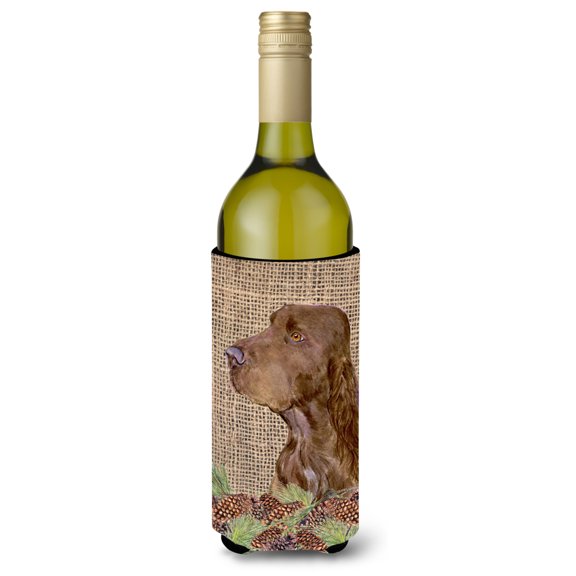 Field Spaniel on Faux Burlap with Pine Cones Wine Bottle Hugger