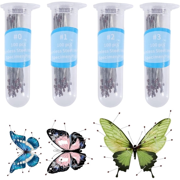 400Pcs 4 Sizes Stainless Steel Insect Pins 0.25/0.3/0.35/0.4mm Specimen Entomology Pins and Butterfly Collections Needle