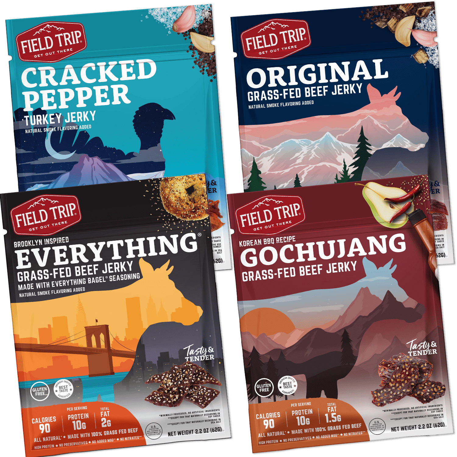 Field Trip Jerky Mixed Flavors: Original, Everything, Cracked, Gochujang 2.2oz - 4pk