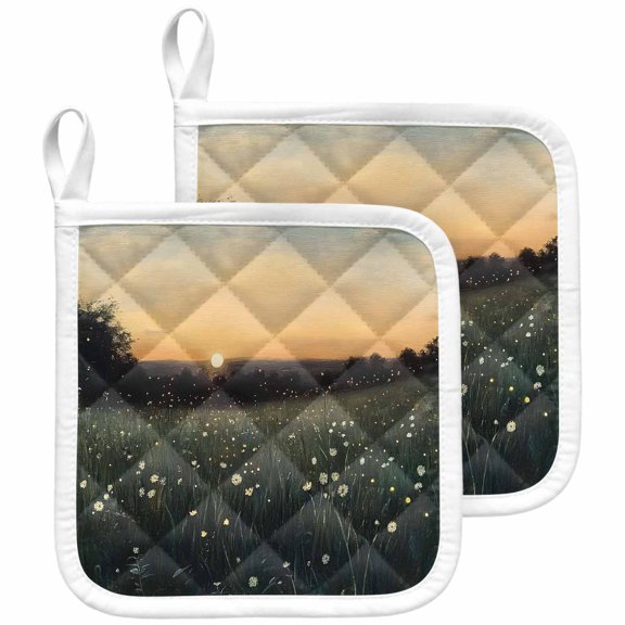 Field Wildflowers Pot Holders for Kitchen Heatproof Potholder, 2 Pack Pastoral Dreamy Nightfall Nature Hot Pads Multipurpose Oven Pads Terry Cloth Potholders Trivet for Cooking and Baking
