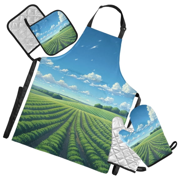 Field under Sky 5 Pcs Kitchen Set Heat Resistant Oven Mitts and Non-Slip Pot Holders with Adjustable Cooking Apron