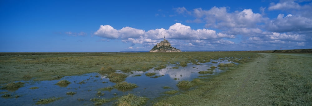Field with a church in the background Le Mont Saint Michel Normandy France Canvas Art - Panoramic Images (13 x 36)