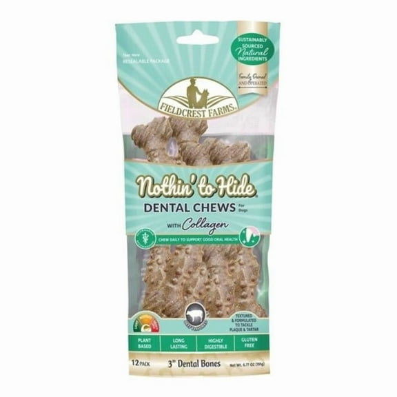 Fieldcrest Farms 810002633904 3 in. Nothin to Hide Dental Bone Collagen Dog Chew - Beef - Pack of 12