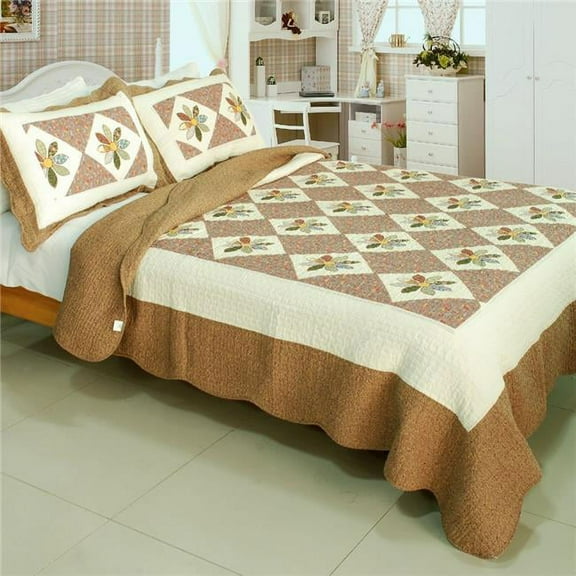 Fields Of Fortune - 100 Percent Cotton 3 Pieces Vermicelli-Quilted Patchwork Quilt Set Full & Queen Size - Brown