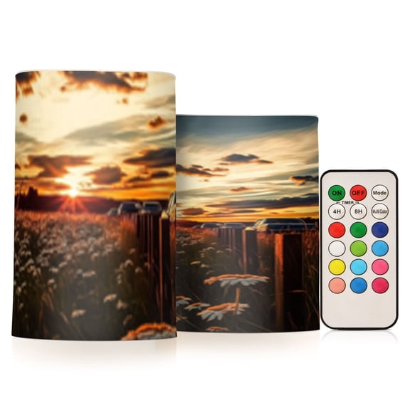 Fields at Sunset Flickering Flameless Candles Battery Operated with Remote Timer LED Pillar Candles Set of 2